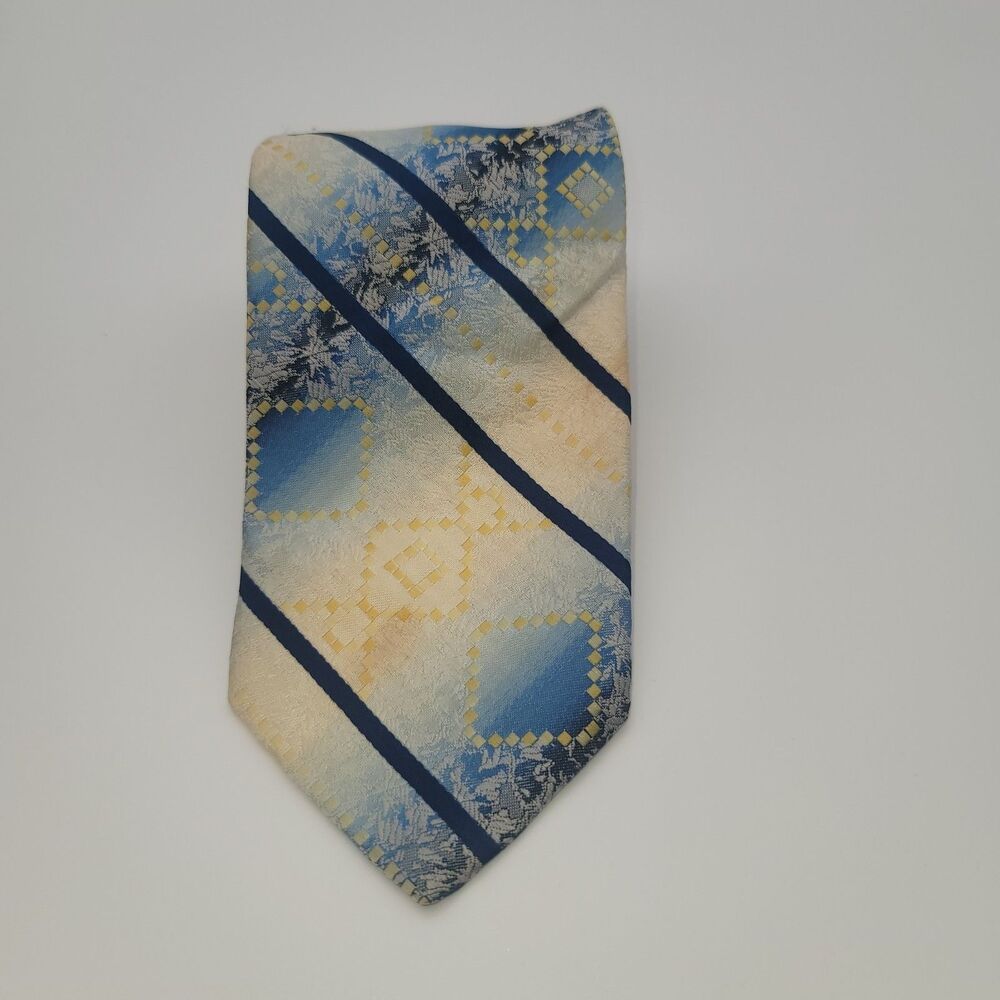Vintage Retro 70s Mr. John D&L Men's Tie Blue Cream Geometric Striped Necktie